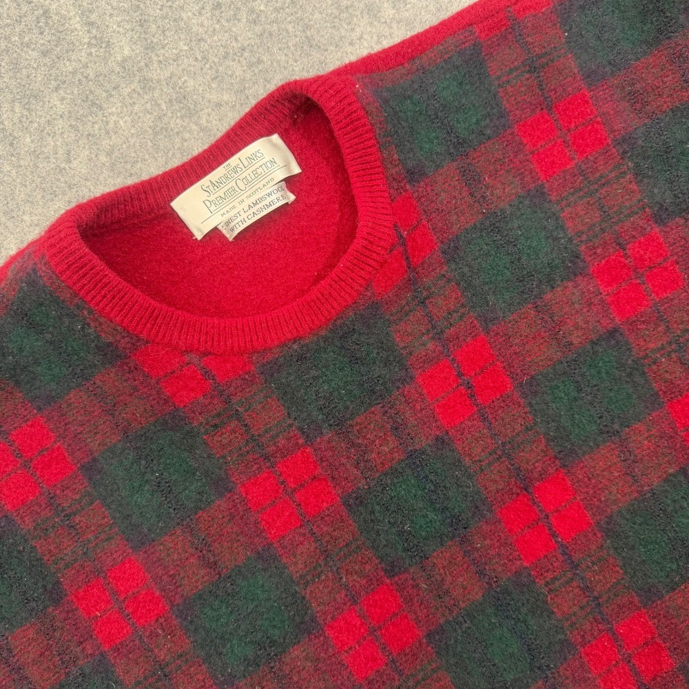 St Andrews Links Scotland Lambswool Cashmere Plaid Crewneck Sweater Red Green